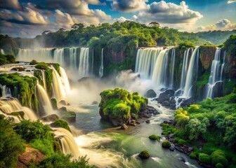 Majestic Long Exposure of Iguazu Waterfalls on the Brazilian Side Capturing the Power and Beauty of Nature's Cascading Waters in a Lush Green Landscape