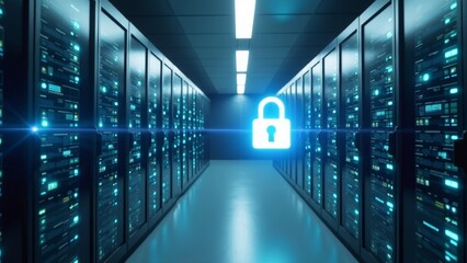 Fototapeta premium Futuristic medical server room with digital padlock hologram and bright lighting for secure data representation