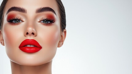 Fototapeta premium Enchanting Woman with Glamorous Makeup and Red Lips in Studio Portrait