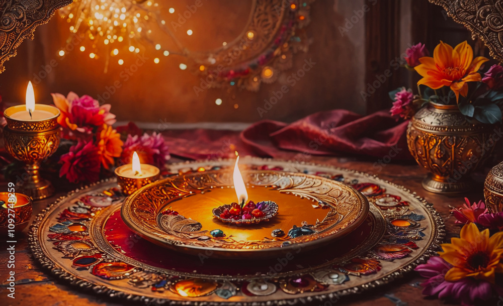 Poster table with a plate of candles and flowers. the plate is on a table with a red cloth