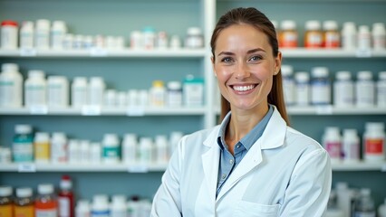 Confident female pharmacist in organized pharmacy showcasing a welcoming smile and professional attire