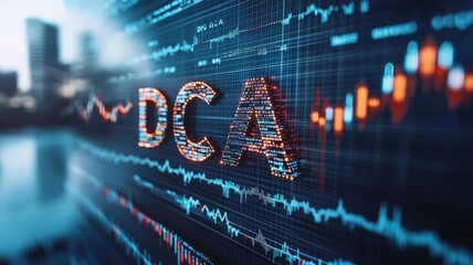 A digital representation of financial data with a focus on "DCA," showcasing price trends and analytics in a modern investment context.