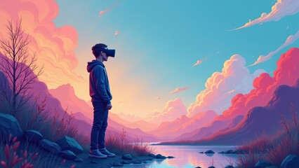 Obraz premium Individual wearing VR headset in stunning digital scenery at dusk, side view with abstract background