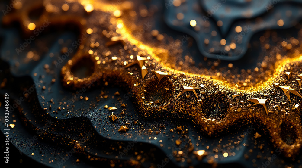 Poster a close-up shows multiple triangular and polygonal gold facets on a textured black surface, emphasiz