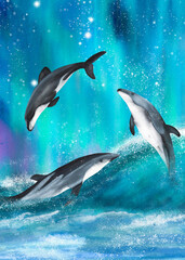 Obraz premium Ready-made postcard with three playing dolphins. Aurora. Ocean wave. Icelandic seascape. Hand-drawn watercolor illustration
