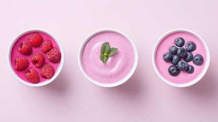 Assorted Berry Yogurt Bowls on Pastel Background with Fresh Fruit Toppings