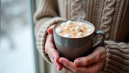 A close-up of cozy hands wrapped in a knitted sweater, holding a steaming cup of hot cocoa topped with marshmallows, set against a blurred winter window.