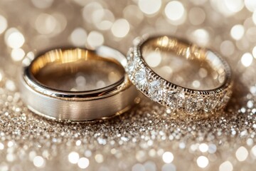 Sparkling Diamond Wedding Rings on Glittering Background   Closeup of Gold and Platinum Ba