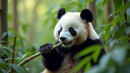 Obraz premium Charming panda enjoying a bamboo snack surrounded by green leaves in a tranquil forest setting