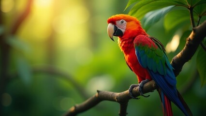 Fototapeta premium Stunning close-up of a colorful parrot basking in sunlight on a tree branch surrounded by rainforest foliage