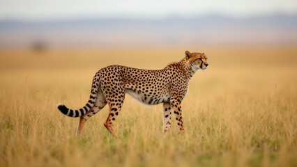 Obraz premium Sleek cheetah poised for action on golden grassy plain in African landscape