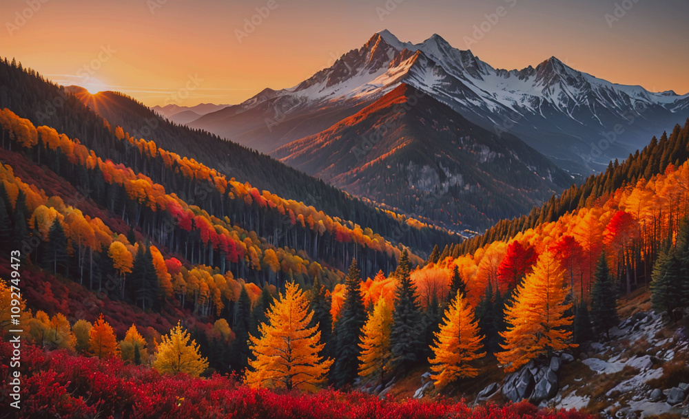 Poster mountain range with a sunset in the background. the mountains are covered in trees and the trees are