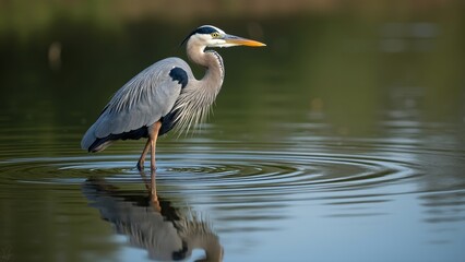 Naklejka premium Great Blue Heron Standing Elegantly in a Shallow Pond with Gentle Ripples