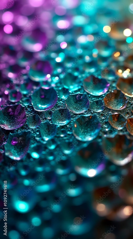 Poster droplets of various sizes cling to a textured surface, creating a vibrant display of colors and refl