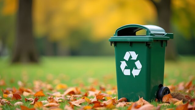 Small green recycling bin in a park surrounded by colorful autumn leaves