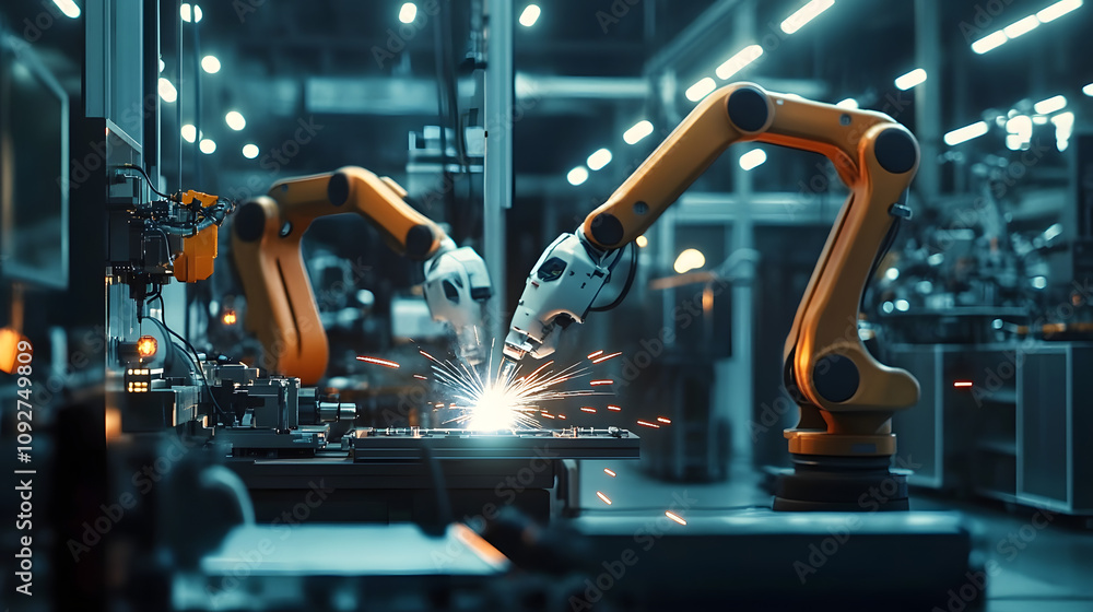 Poster engineer check and control welding robotics automatic arms machine in intelligent factory automotive
