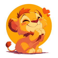 A cute cartoon lion cub with a joyful expression and hearts, conveying happiness and affection.