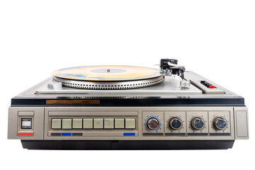 Fototapeta premium Vintage turntable record player with blue and orange vinyl isolated on white background.