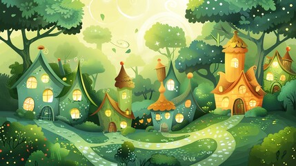 Naklejka premium A whimsical, cartoon village nestled in a lush green forest.