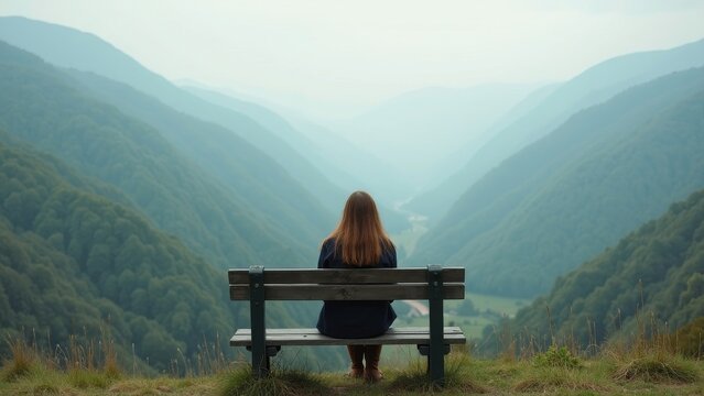 Young woman reflecting while sitting on a bench by a misty valley in serene nature