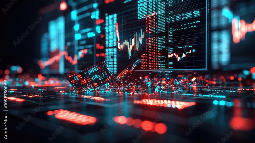 Poster financial trading data visualized on a digital display with vibrant colors.