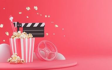 National Popcorn Day. 3D web banner design with a clapperboard, film reel, and popcorn on a red background. online cinema service website landing page. website template mockup for a digital media