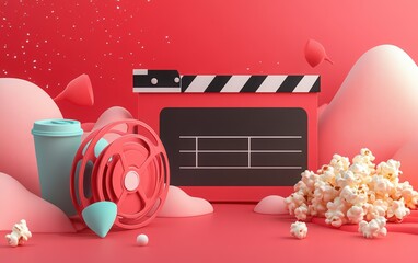 National Popcorn Day. 3D web banner design with a clapperboard, film reel, and popcorn on a red background. online cinema service website landing page. website template mockup for a digital media