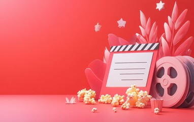 National Popcorn Day. 3D web banner design with a clapperboard, film reel, and popcorn on a red background. online cinema service website landing page. website template mockup for a digital media