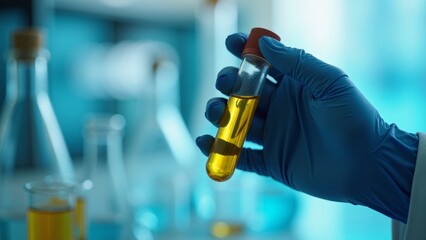 Close-up of a gloved hand holding a yellow chemical test tube against a blurred lab background