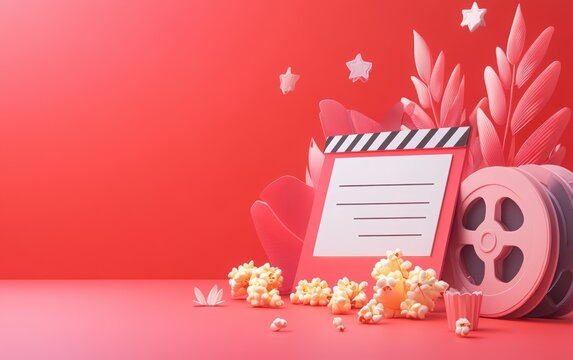 National Popcorn Day. 3D web banner design with a clapperboard, film reel, and popcorn on a red background. online cinema service website landing page. website template mockup for a digital media