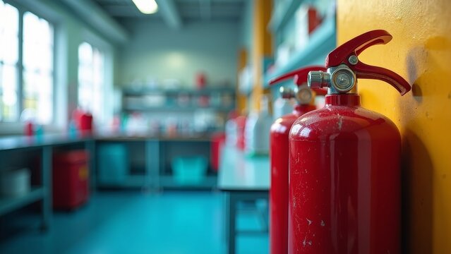 Fire extinguisher mounted on wall in a vibrant chemistry lab, emphasizing safety