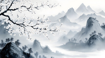 A Japanese ink wash painting (sumi-e) of a spring scene, with delicate cherry blossoms cascading down branches and a serene mountain backdrop in soft grayscale tones.