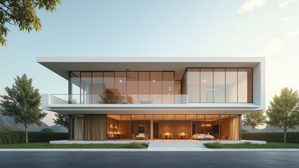 Fototapeta premium Contemporary minimalist building featuring large glass windows and inviting interior spaces