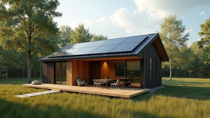 Sustainable modern solar-powered home in natural setting, emphasizing off-grid living and eco-friendly design