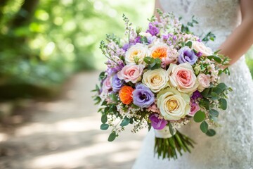 Romantic Pastel Wedding Bouquet with Roses  Lisianthus  and Eucalyptus in a Garden Setting