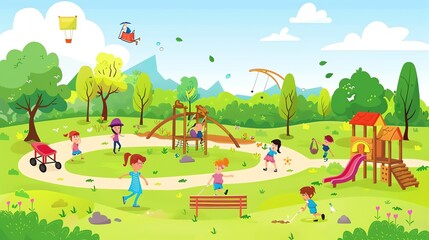 Obraz premium A cartoon illustration of children playing in a park on a sunny day.
