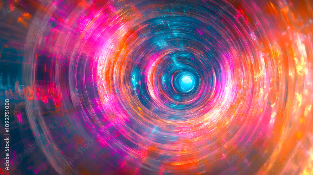 Poster a mesmerizing scene depicting an abstract flight through a retro neon hyper warp space tunnel.