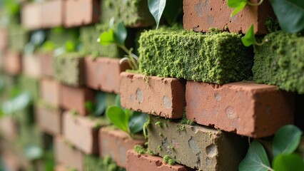 Vibrant close-up of eco-bricks with moss and plants, showcasing sustainable construction and green aesthetics