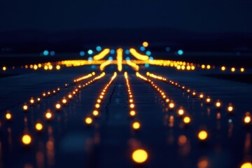 Nighttime runway lights guiding aircraft on a dark airstrip.