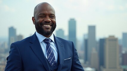 Fototapeta premium Confident middle-aged Black man in a tailored blue suit smiling against a city skyline