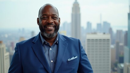 Fototapeta premium Confident middle-aged Black man in a tailored blue suit smiling against an iconic city skyline
