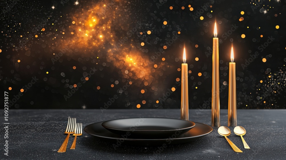 Poster enchanting candlelit table setting with sparkling lights for intimate