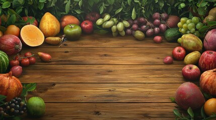 Fruit and vegetable borders Fruit and vegetable borders on wood table