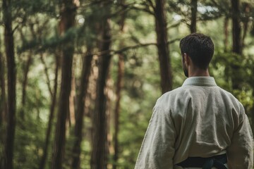 Fototapeta premium A man in traditional attire walking through a tranquil forest path in the early morning light