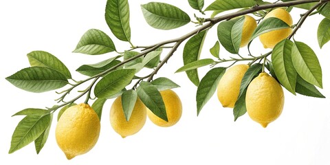 Single branch of lemons hanging from a tree against a pure white background, natural, lemon branch, white background,
