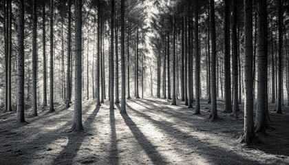 A serene black-and-white forest scene with long shadows and tall trees.