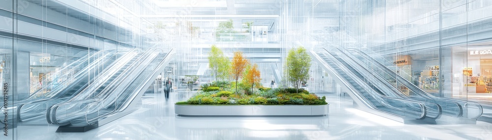 Poster modern atrium with escalators and greenery, showcasing a blend of nature and architecture.