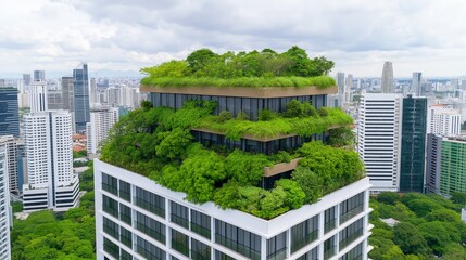Fototapeta premium Eco-Friendly Urban Architecture: Green Rooftop Garden on Modern Skyscraper in Cityscape