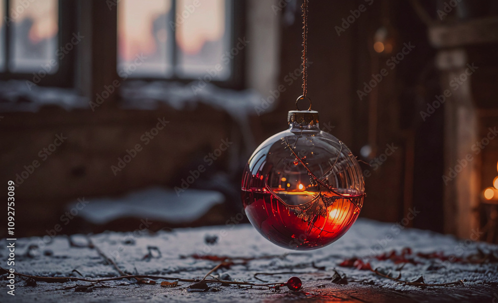 Poster glass ball with a candle inside of it. the candle is lit and the ball is hanging from a string