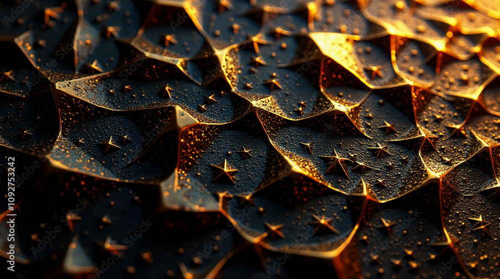 Poster a detailed view of a textured surface featuring numerous small triangular and polygonal gold facets 